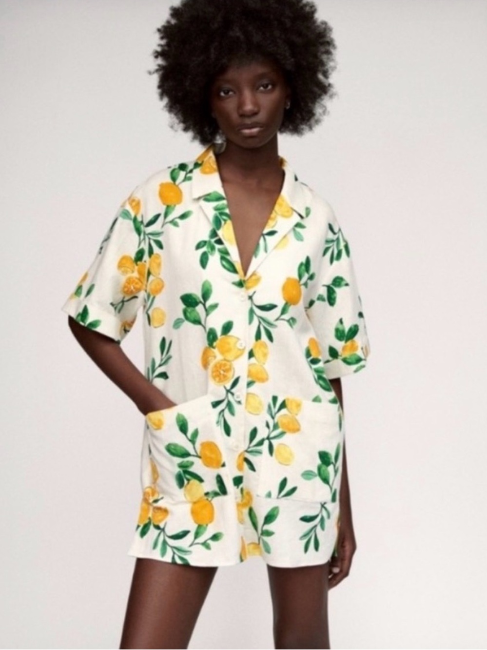 Lemon Citrus Print Linen Oversized Shirt Dress